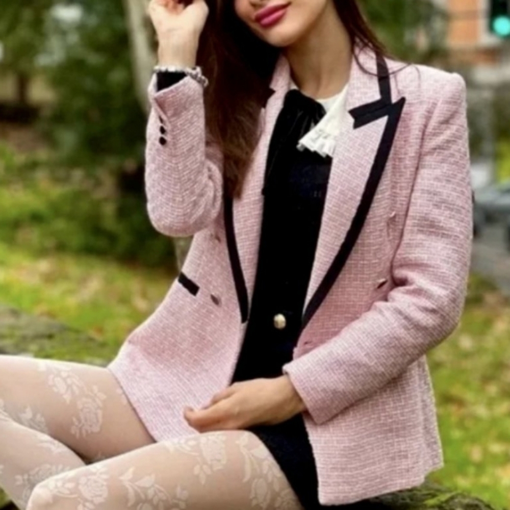 SOLD Zara Tweed pink Double Breasted Blazer Jacket L Structured contrast Black - Picture 17 of 17